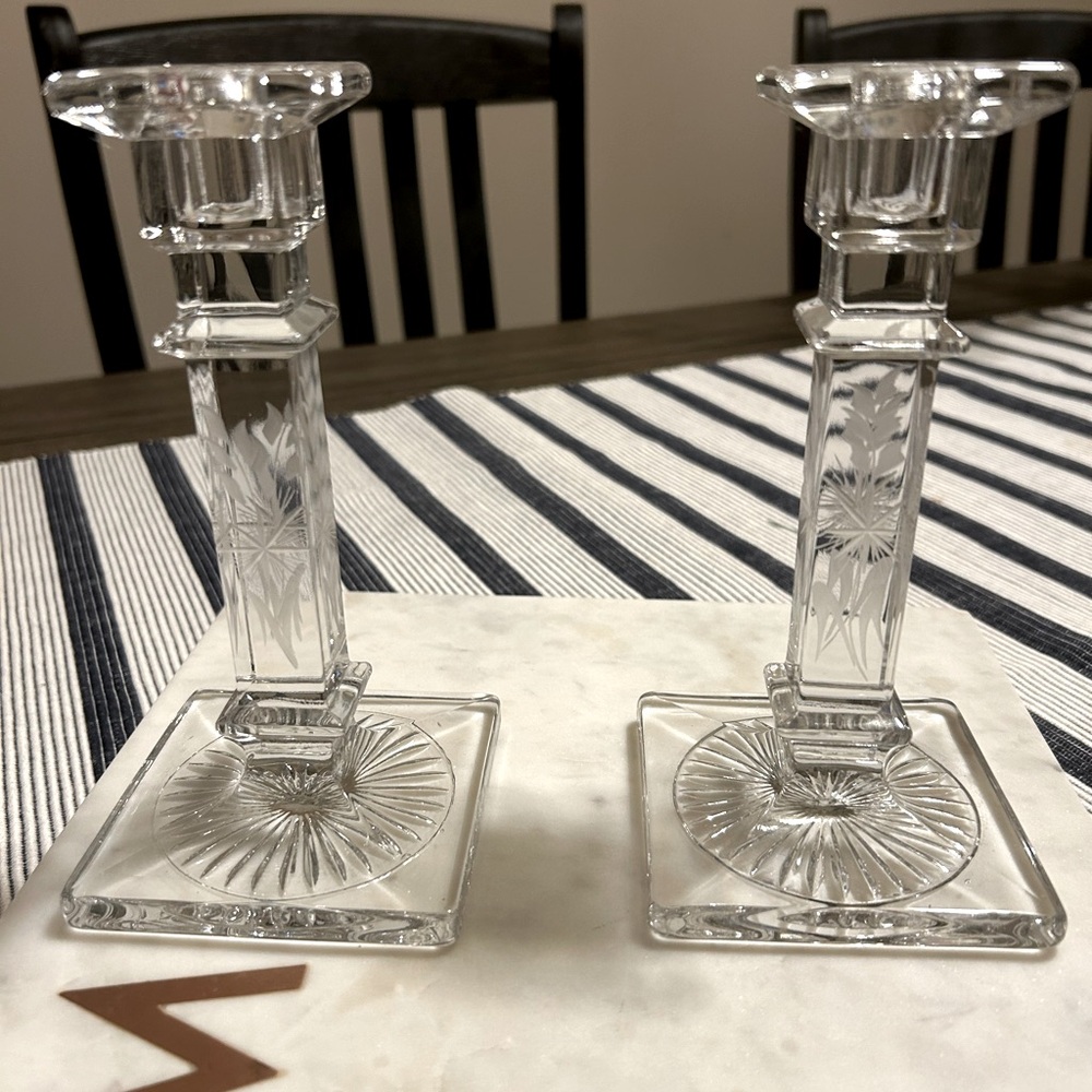 Crystal Candleholders with Floral Etching
